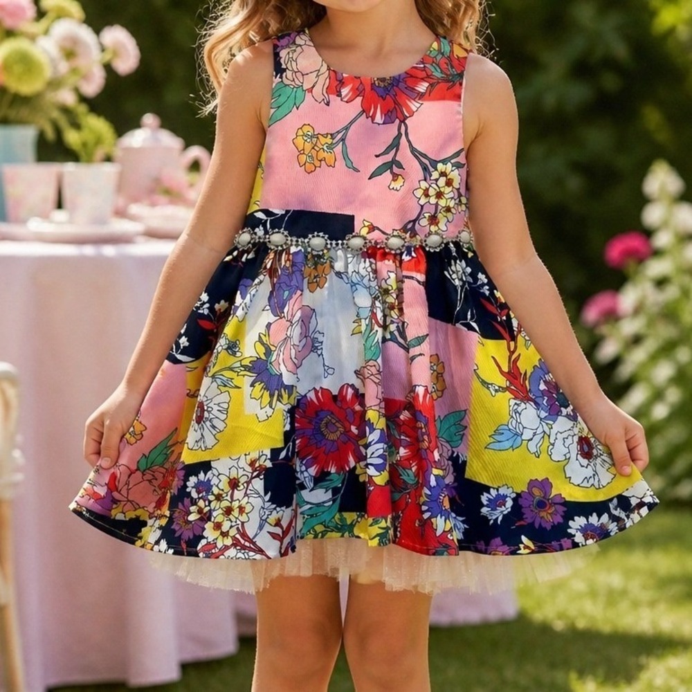 Couture Princess Floral Patchwork Dress Kids 3T Multicolor Rhinestone Party Tea